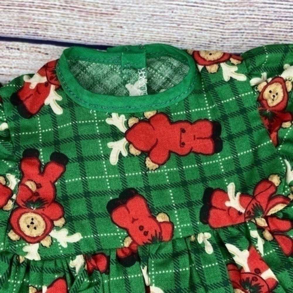Handmade Vintage Doll Dress Green Red Teddy Bear Christmas Print Fabric - Picture 8 of 12